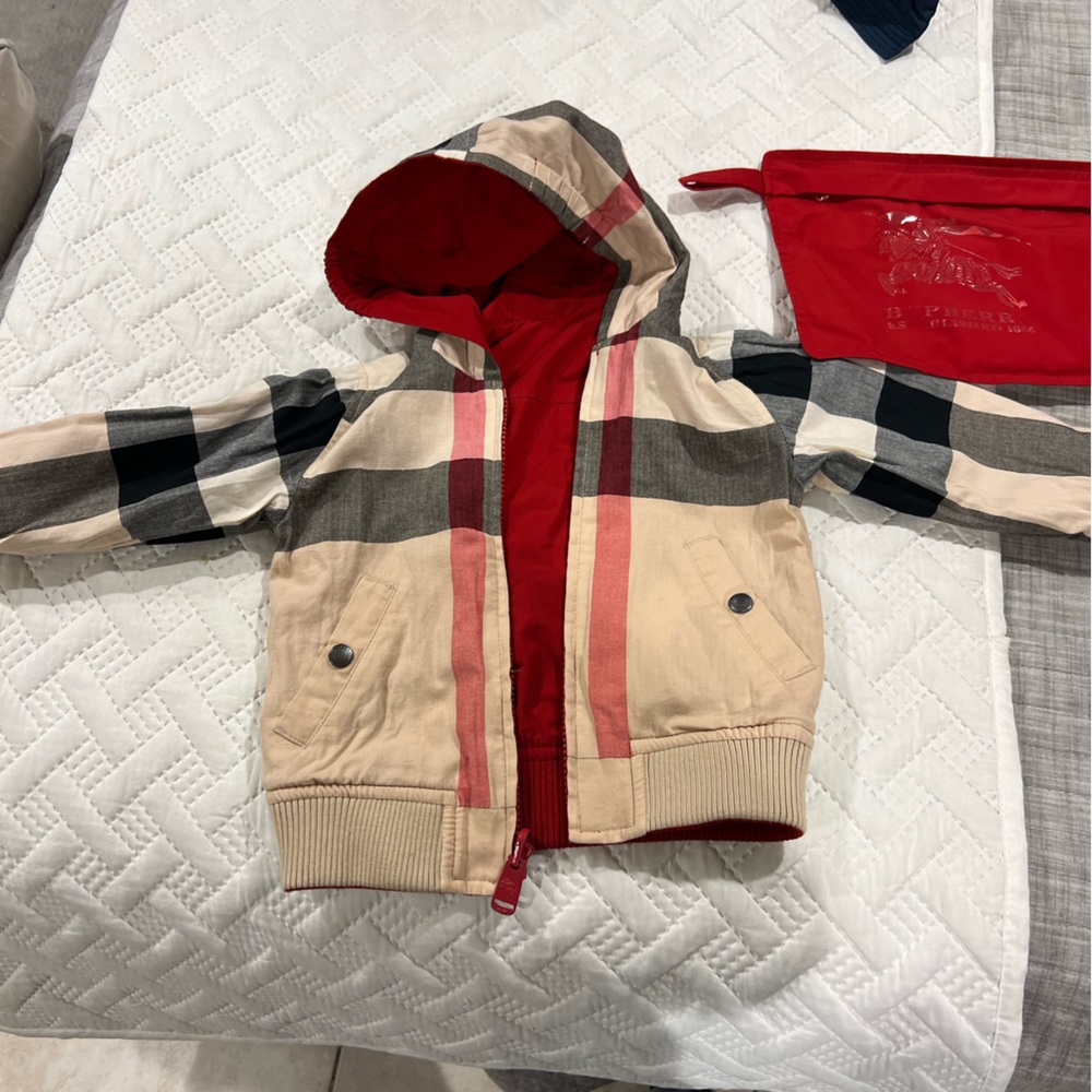 Burberry Beige, Black & Red Kids Hooded Raincoat
